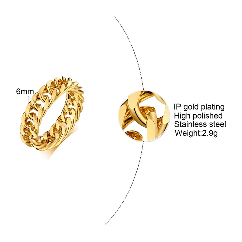 6mm Storio Stambusis Grandinės Žiedas Kubos Pažaboti Nuorodą Aukso Užpildytas Nerūdijančio Plieno, Stilingas Žiedas Moterims, Merginos