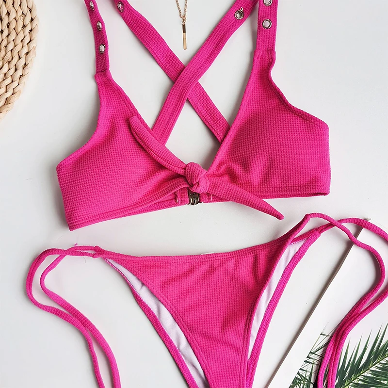 Peachtan Seksualus briaunoti bikini 2020 Rožinė mazgas dviejų dalių maudymosi Aukštos cut eilutę, maudymosi kostiumėliai moterims, Backless apynasrio maudymosi kostiumas Naujas