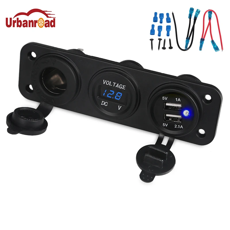 Urbanroad 3 Skylės Skydo Elektros Lizdas Cigarečių Degiklio Lizdą, 12V 24V 4.2 Mėlyna LED Digital Voltmeter Dual USB Įkroviklio Telefono