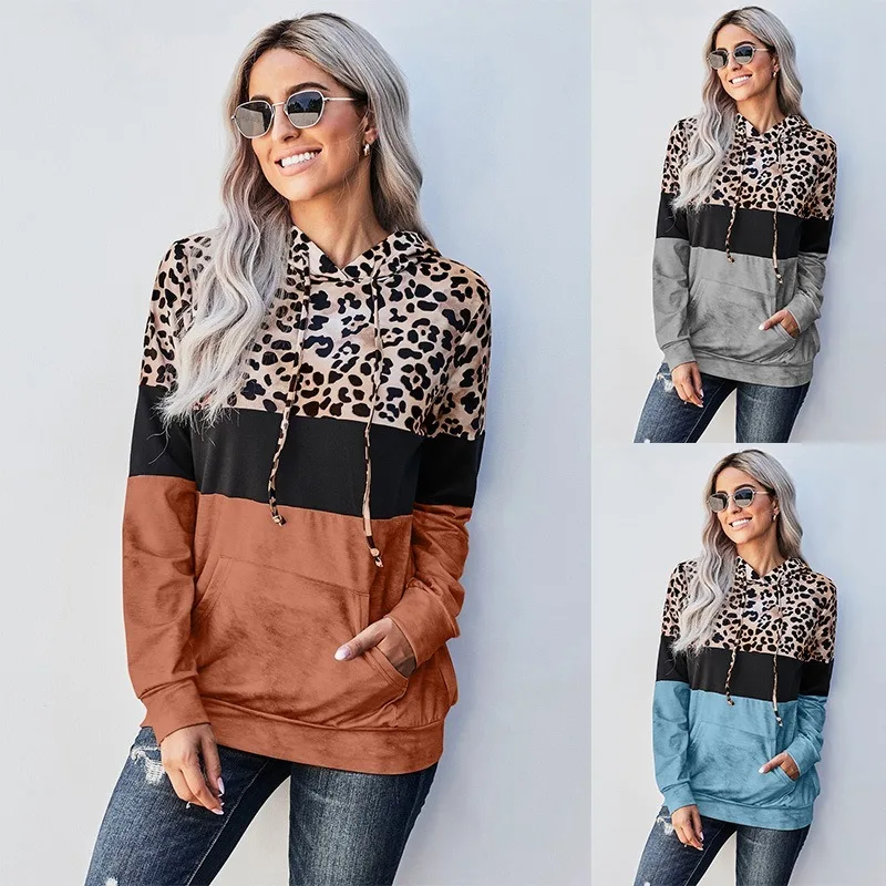 Nauja Rudens Žiemos Moteris Hoodie Palaidinukė Moterų Susiuvimo Leopard Ilgomis Rankovėmis Streetwear Hoodies Viršūnes Rudenį Moteriški Drabužiai