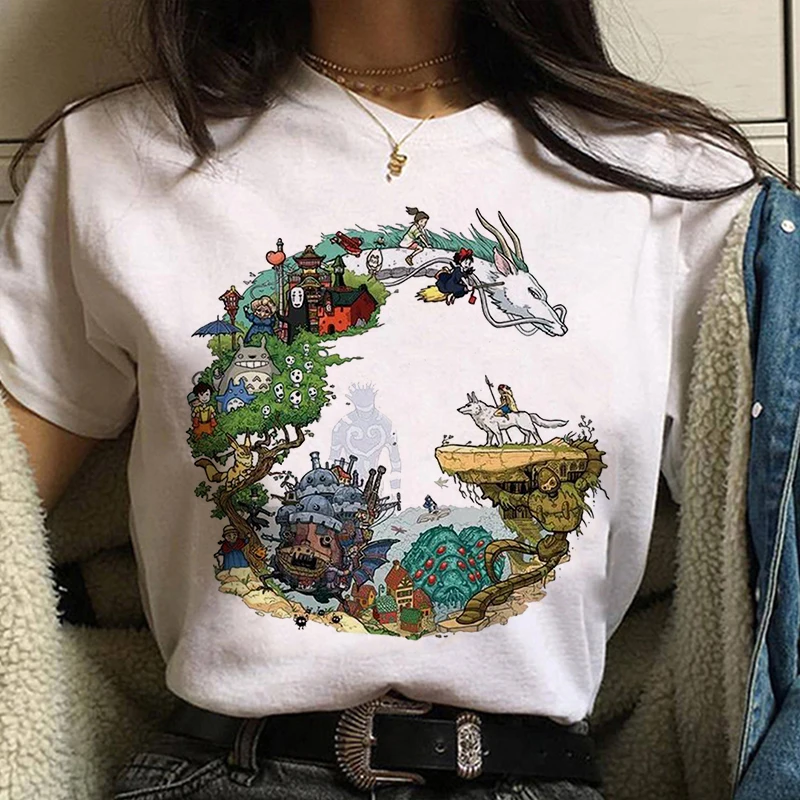 Hayao Miyazaki Atkakli Toli Studio Ghibli Print T-shirt Moterims, Harajuku Estetinės Animacinių filmų Marškinėlius Kawaii Balta Moterų Marškinėliai