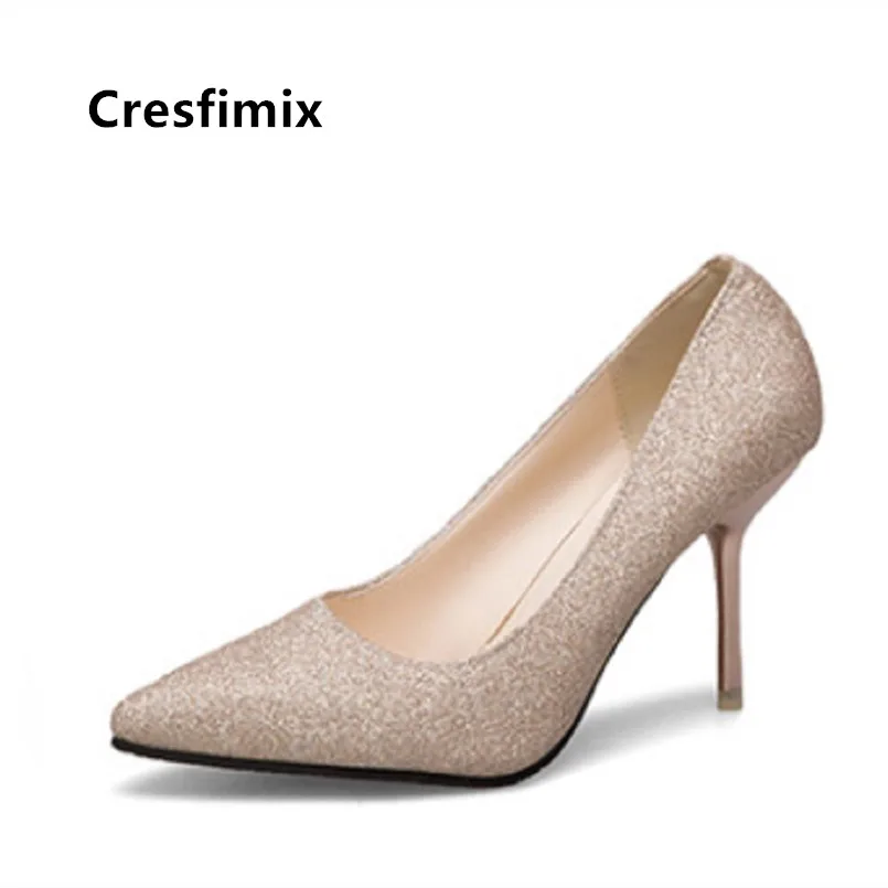 Cresfimix pompes femmes nuotakos seksualus vestuves aukšto kulno batai moterų mados sidabro batai moteriška auksinė aukšto kulno siurbliai a5347