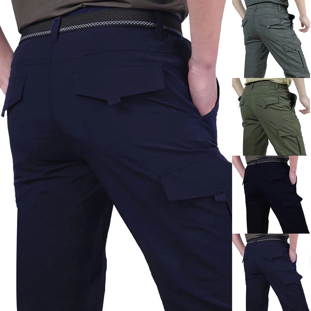 Vyrai vientisos Spalvos Quick Dry Plonas Multi-kišenėje Ilgai Krovinių Kelnės Lauko Kelnės
