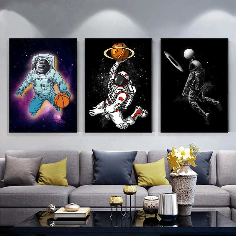 Įdomus Meno Astronautas Žaisti Krepšinį Erdvėje Drobės Tapybos Plakatai ir Spausdina Sienos Menas Nuotraukas Kambarį Apdaila
