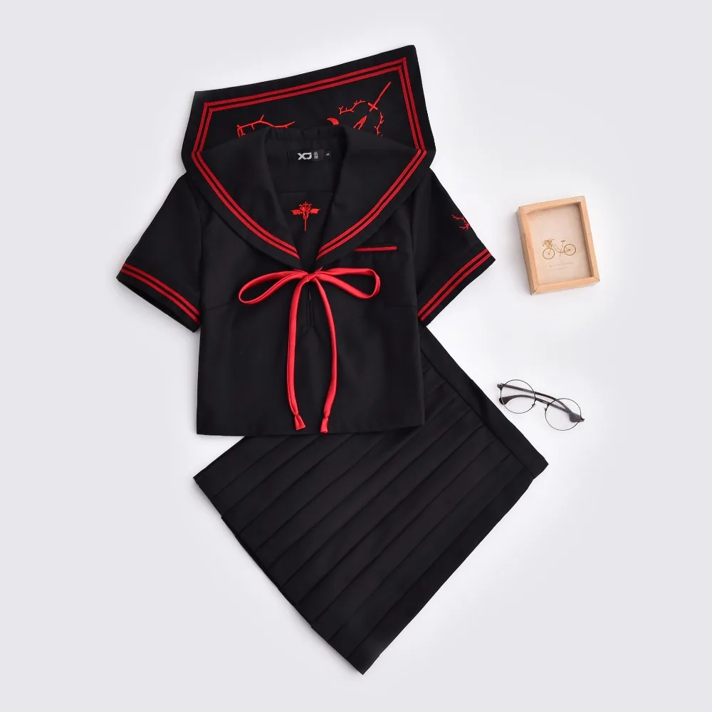 Siuvinėjimo Tamsiai Demonas mokyklines Uniformas Mergaičių Anime Cosplay Kostiumai, JK Sailor Uniformas S-XL Viršų Ir Klostuotas Sijonas