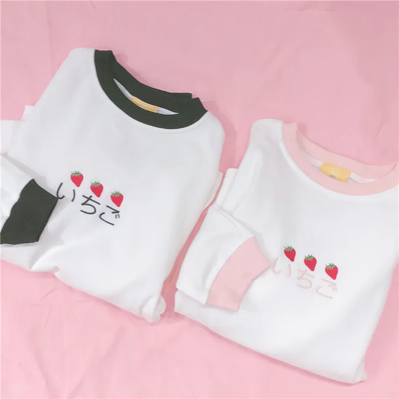 Japonijos Mori Mergina Moterys T-shirt Saldus Braškių Long Sleeve T Shirts Kawaii Atsitiktinis Palaidų Femme Tees Harajuku Cute Paaugliams Viršūnės