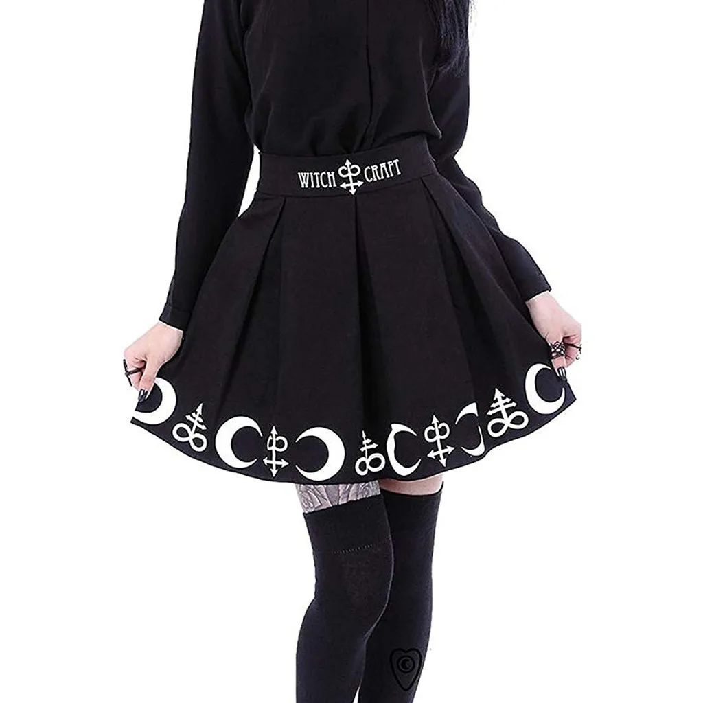 Sijonai Moterims Gothic Punk Raganavimas Mėnulio Magija Rašybą Simboliai Klostuotas Mini Sijonas paaukštintu liemeniu sijonas Moterų sijonas женские юбки
