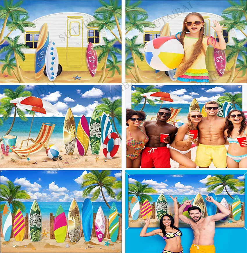 Vasaros Atogrąžų Burlenčių Fone Smėlio Paplūdimys, Banglentės Fone Fotografijos Havajai Gimtadienio Dekoro Atveju Kūdikis Reklama