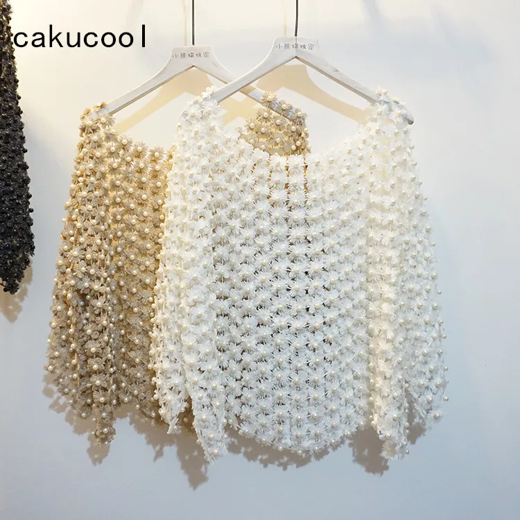 Cakucool Moterų Prabangių Perlų Duobute Palaidinė Aukso Lurex Nėrinių Tuščiaviduriai Out Mielas Marškinėliai Trumpomis Rankovėmis Varpo Elegantiškas Blusa Puloveris Femme