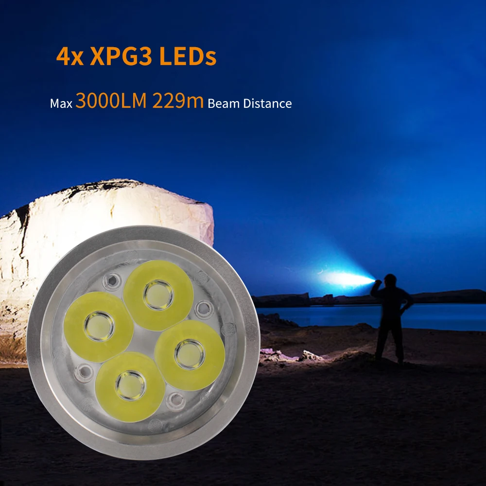 BORUiT BC15 4*XP-G3 LED Žibintuvėlis 6-Mode 3000LM Super Šviesus IPX8 Vandeniui Fakelais USB Įkrovimo 26350 Žibintai Kempingas