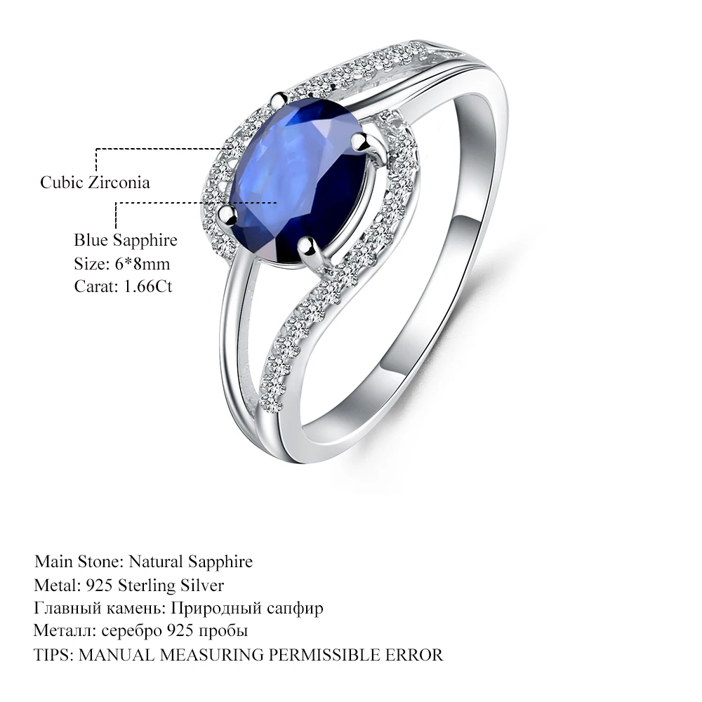GEM BALETO 1.66 Ct Ovalo formos Natūralus Mėlynas Safyras Brangakmenio Žiedas 925 Sterlingas Sidabro Klasikiniai Žiedai Moterims Vestuvių Fine Jewelry
