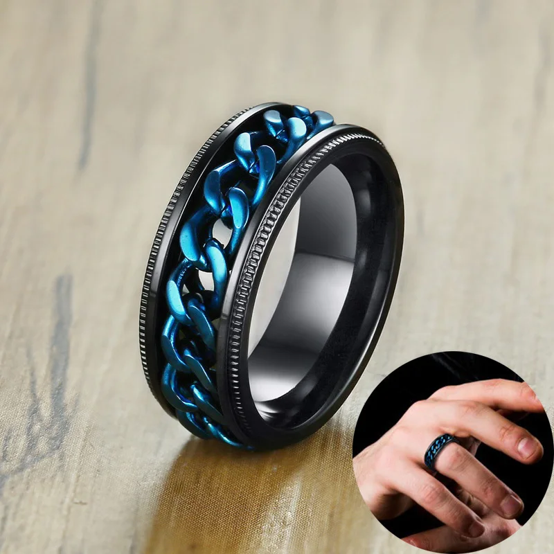 8mm Vyrų FIDGET Juodos spalvos Žiedai su Mėlynai Centras Pažaboti Grandinėje Suktuko Žiedas iš Nerūdijančio Plieno Atsarginiais Nerimauti Vestuvių Juostoje Vyrų Papuošalai