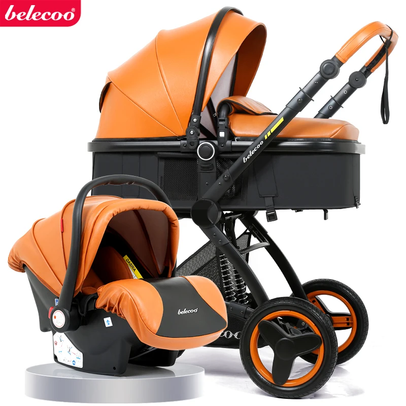 Belecoo kūdikio vežimėlis high kraštovaizdžio kūdikio vežimėlis krepšelį galite sėdėti, gulėti lankstymo 3in1 odinis kūdikio vežimėlį, su automobiline kėdute dovanų