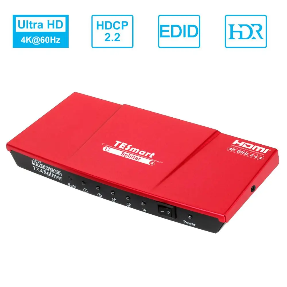 HDMI Splitter 1x4, 1-4 Iš 4K UHD@60Hz 4:4:4 Palaiko HDCP 2.2, 18 Gb / s, HDR10, 