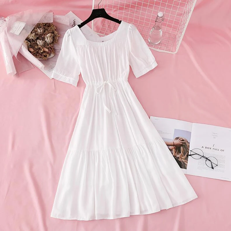 2020 Medvilnės, lino Suknelė Moterims Vasaros Varčias Juosmens Atsitiktinis Kvadratinių Kaklo trumpomis Rankovėmis Vidurio Blauzdos Raukiniai Suknelė Vintage vestidos