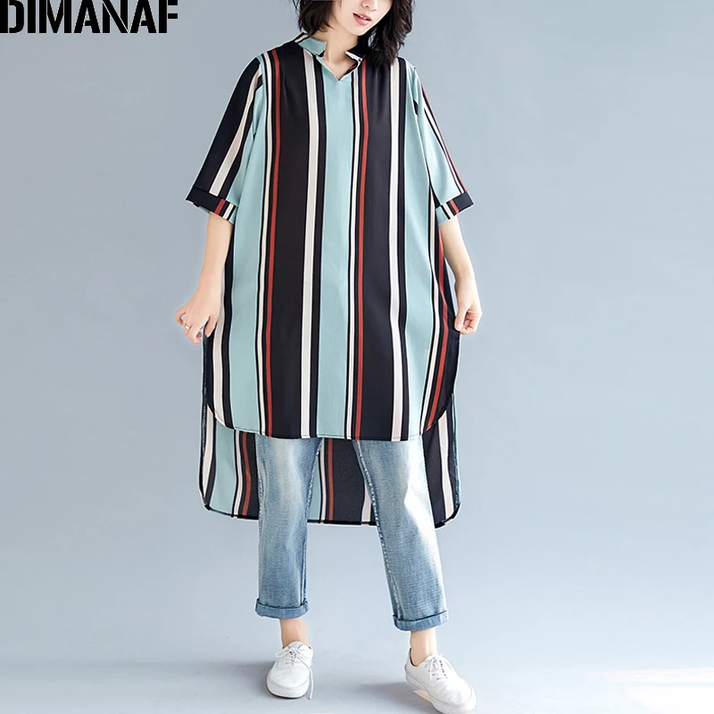 DIMANAF Plius Dydis Moterų Palaidinė Marškinėliai Šifono Vasaros Lady Tunika Viršūnes Pagrindinio V-Kaklo Moterų Drabužiai Laisvi Atsitiktinis Spausdinti Dryžuotas 2019