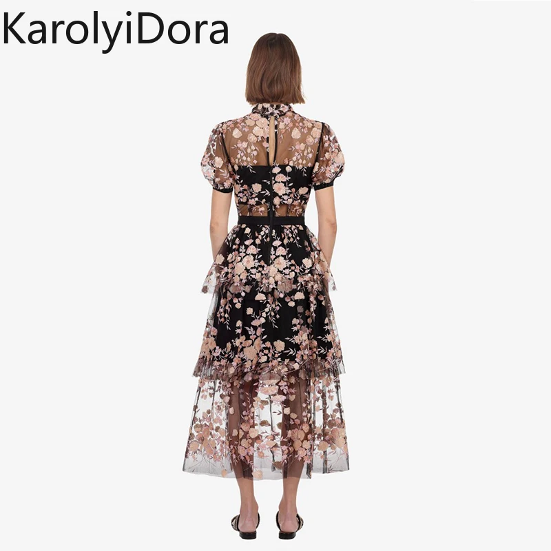 Autoportretas kilimo ir tūpimo Tako Desigher suknelė Siuvinėjimo Blizgučiais Gėlių Tinklelio Suknelė 2020 M. Vasarą Moterys Aukšto Juosmens Šalies Ilga Suknelė