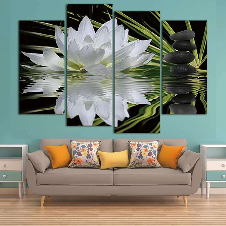 Šiuolaikinės Drobė Kambarį Nuotraukas, Namų Dekoro 4 Skydelis White Lotus Gėlės Tapybos Sienos Meno Modulinės Plakato Rėmas HD Spausdinti