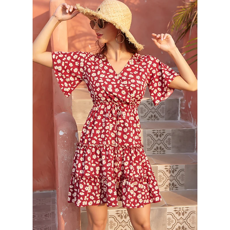 Moterys Trumpas DressHigh Juosmens-Line Mini Suknelė V-Kaklo Trumpomis Rankovėmis, Raukiniai-Dot/Gėlių/Leopardas Spausdinti Holiday Beach Sundress