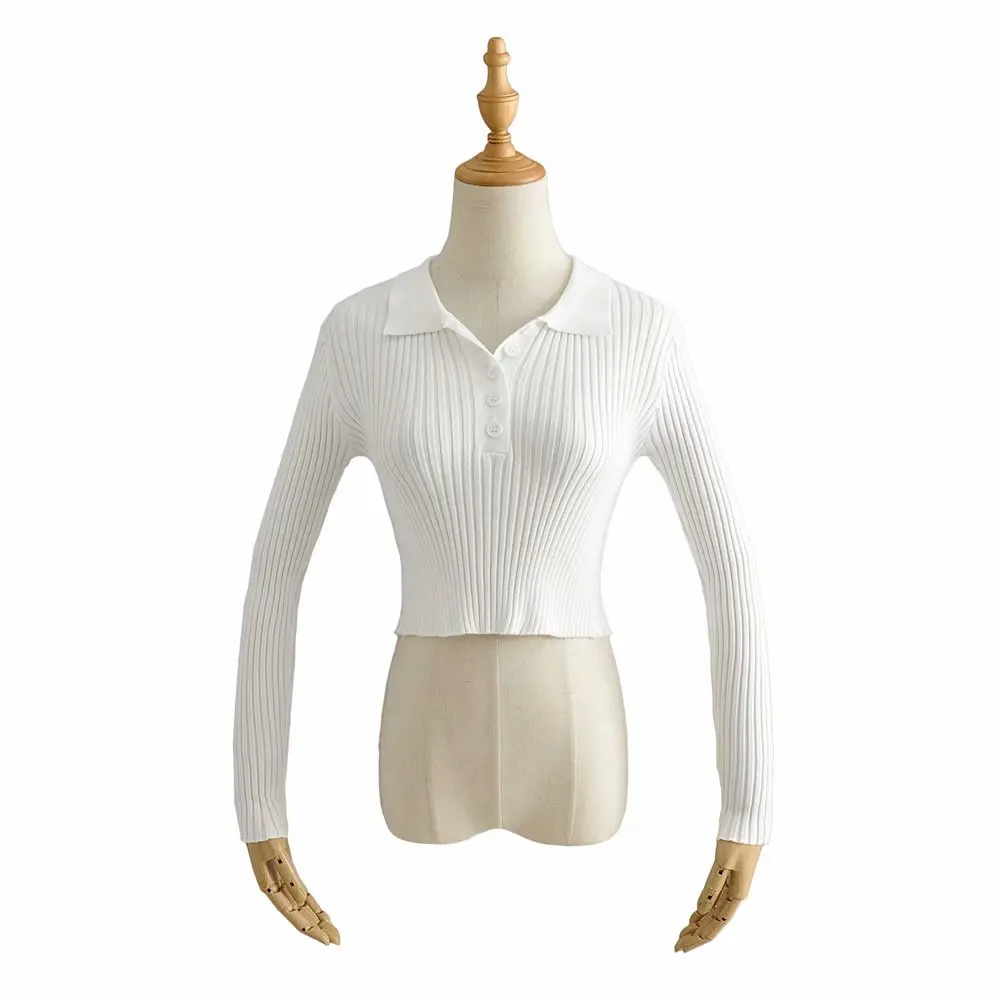 2020 Elegantiškas Turn-žemyn Apykaklės Baltas Ruožas Apkarpytos Puloveriai Moterų Sexy ilgomis Rankovėmis Pagrindinis Megztinis Streetwear Megzti Viršų M215