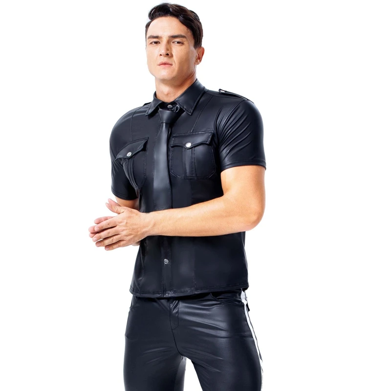 Vyrai PU Dirbtiniais odos Moto T Shirts karšto Seksualus Wetlook Fitneso Latekso Viršūnes Gėjų Marškinėliai Mens Etape Marškinėliai Atsitiktinis Šalies Clubwear kostiumai