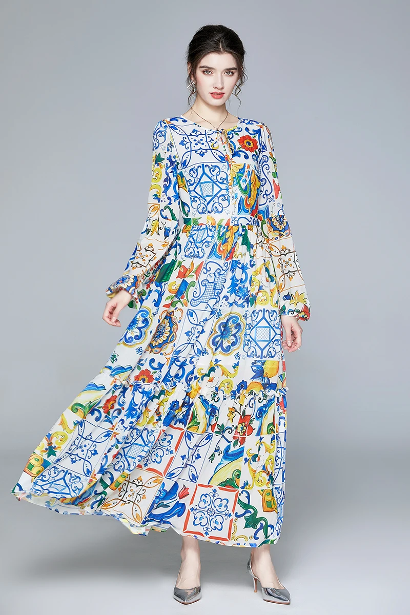 Mados Lady Graži Ilga Suknelė 2020 Dizainerio Markės Dress Rudens Aukštosios Mados Sicilijos Stiliaus Žibintų Rankovės Šifono Suknelė