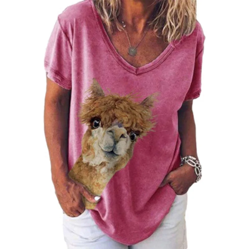 2021 m. vasarą karšto pardavimo alpaka gyvūnų spausdinti v-kaklo, trumpas rankovėmis megztinis moteriški marškinėliai