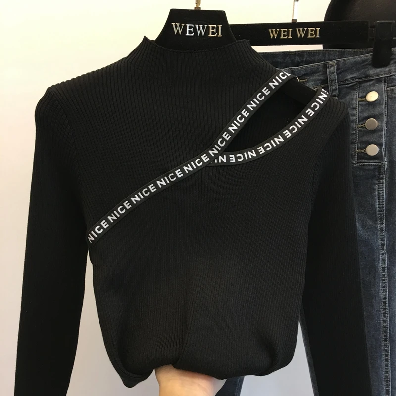 Tuščiaviduriai Iš Moterų Off Peties Megztinis Pusę-aukštos Apykaklės, žemiausią marškinėliai Laiškas Spausdinti ilgomis rankovėmis Slim Puloveriai