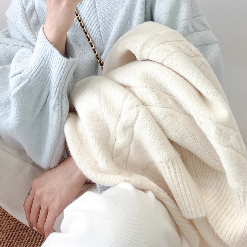2020 M. Žiemos Korėjos Atsitiktinis V-Kaklo Žibintų Rankovės Palaidų Plaukų Minkštas Rabbit Thicked Megztinis Moterims, Negabaritinių Megztas Megztinis