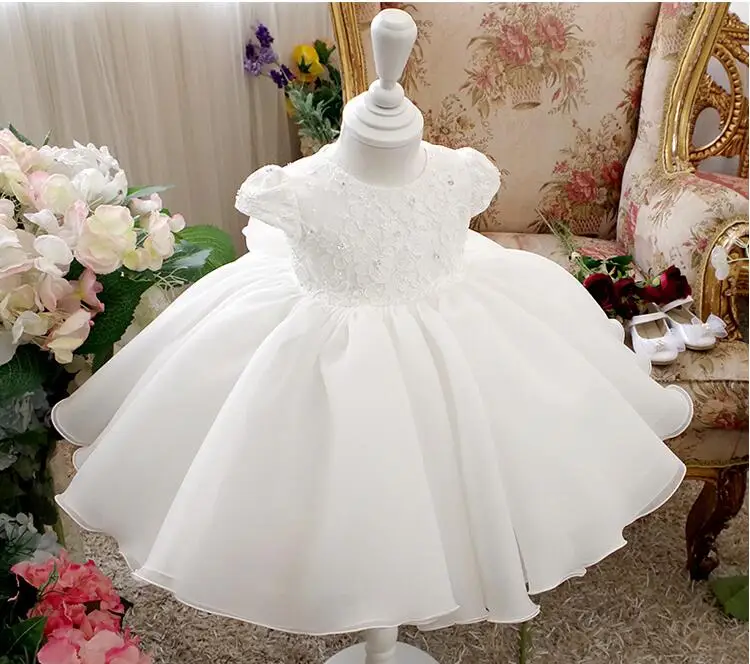 Baltos spalvos Nėrinių Princesė Baby Girl Dress Šalis Gimtadienio tutu Suknelė Gėlių Krikšto, Vestuvių Suknelė Naujagimių Drabužiai Vestido Infantil
