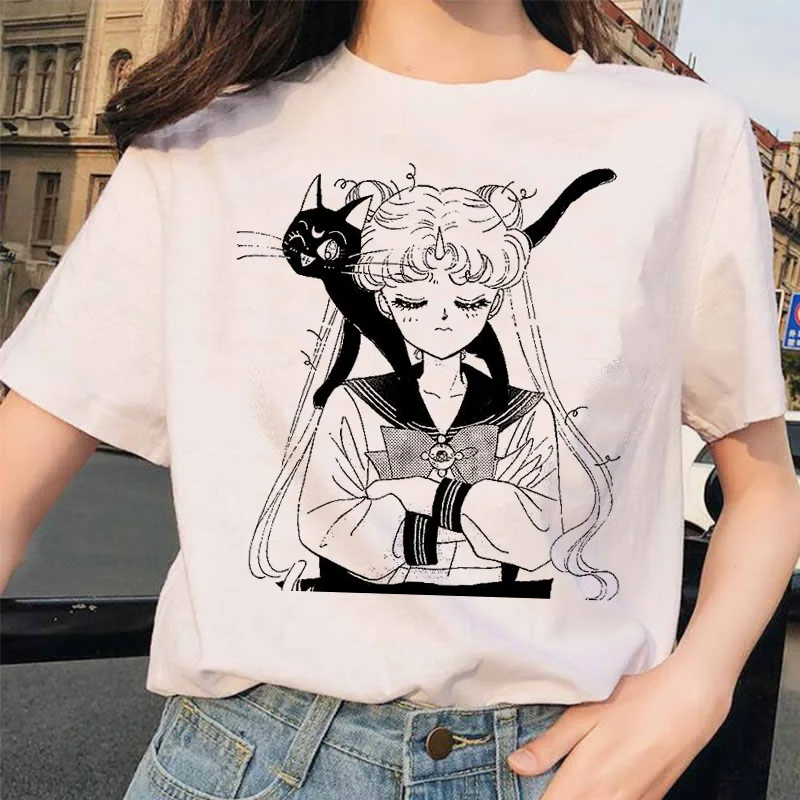 Moterų Sailor Moon 90s Juokingi Marškinėliai HAesthetic Katė Anime Mergina Arajuku Drabužius Marškinėlius Mielas Moterų marškinėliai Kawaii Moterų Marškinėliai