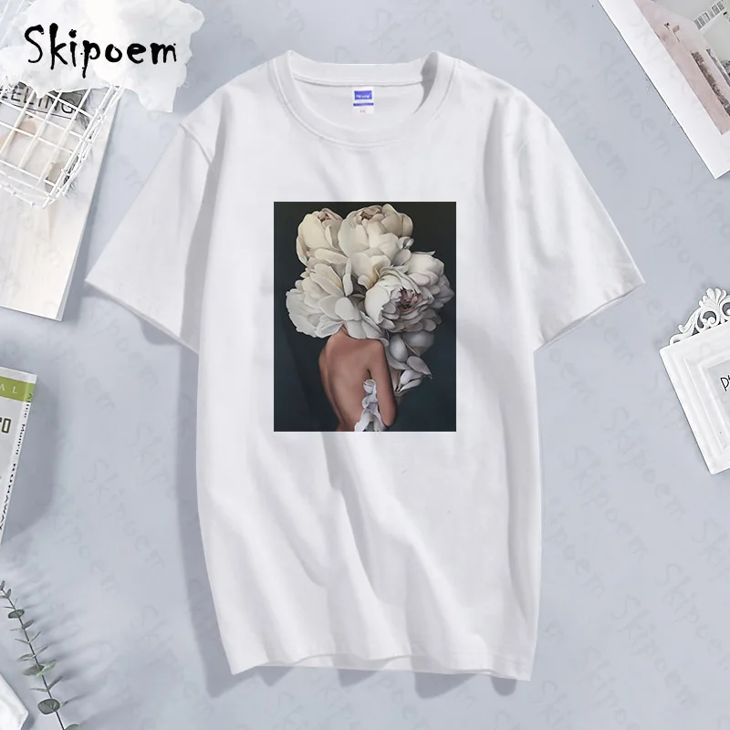 2020 m Sexy marškinėliai Su Plunksnomis Ir Gėlėmis Harajuku marškinėliai Balti Vasaros Moterų Drabužiai T-shirt Moterims, Marškinėliai, Femme Viršuje Tees