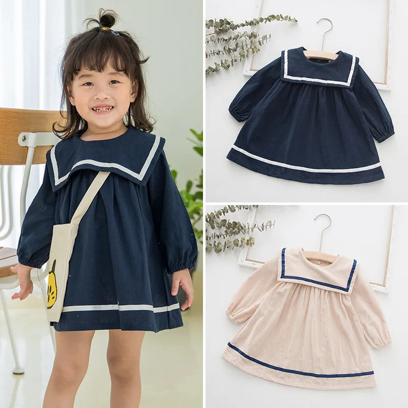 2019 m. rudenį, vaikų drabužiai baby girl karinio jūrų laivyno atvartas medvilnės suknelė vaikai kolegijos lanter rankovėmis suknelės