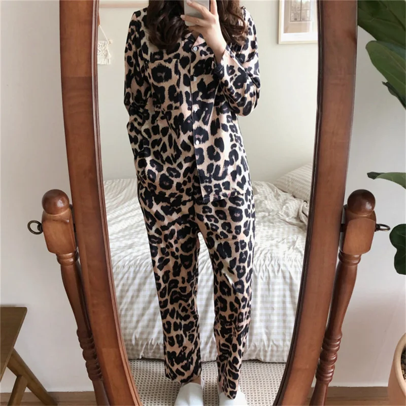 2020 m. Rudenį Naujų korėjos Prašmatnus Loungewear ilgomis rankovėmis, Leopardas spausdinimui Sexy Namų Drabužiai Pižama Dviejų dalių Kostiumas Moterų Medvilnės Pižama