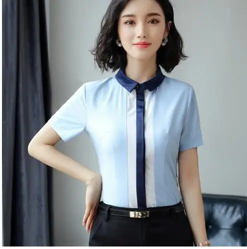 2018 m. Vasaros naujus marškinius moterų mados oficialų slim Kratinys trumpas rankovės šifono palaidinė office lady darbo dėvėti plius dydis viršūnės