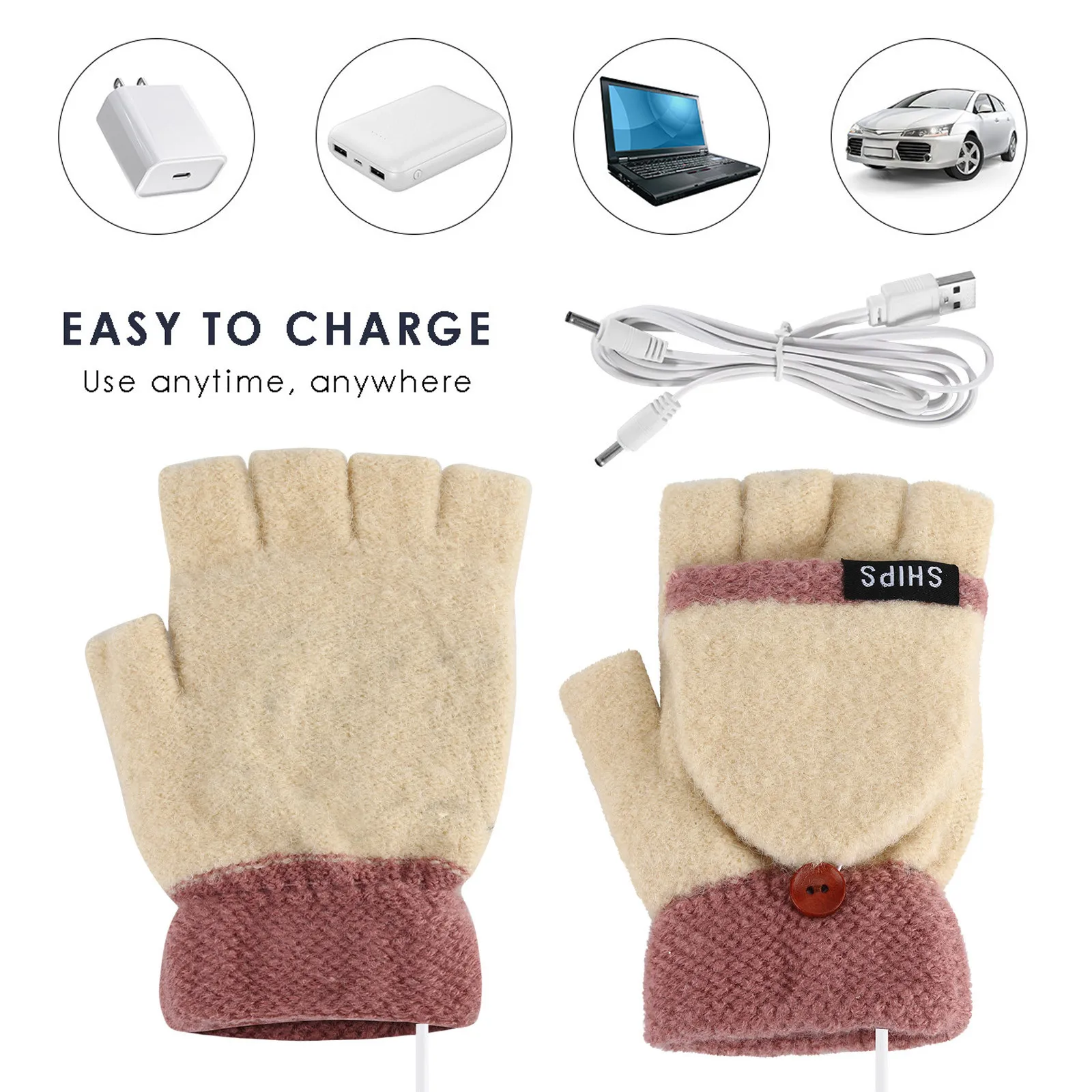 Nešiojamasis kompiuteris ponios ir vyrų USB šildomos pirštinės visą pirštą ir pusę piršto žiemos vientisos spalvos šilta megzta rankų pirštinės