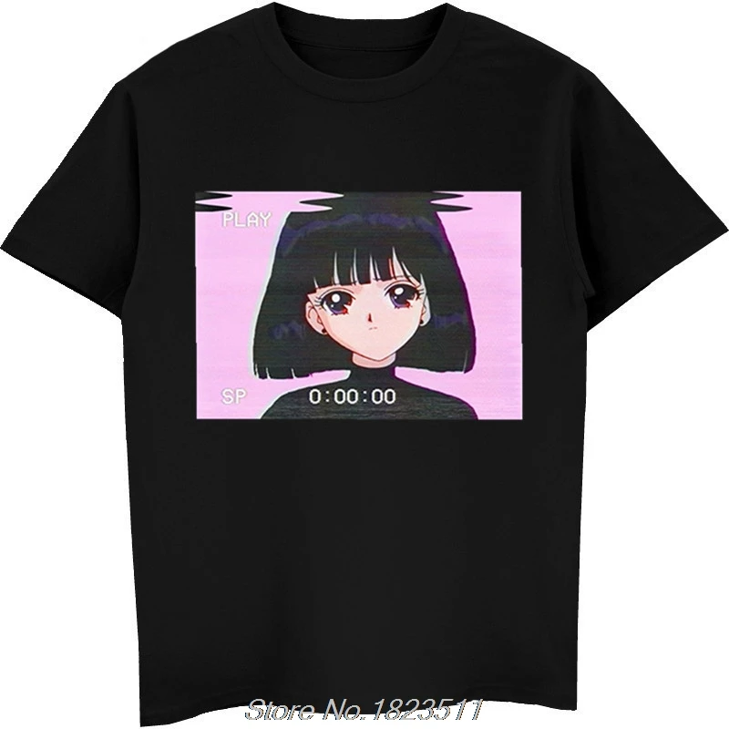 Karšto Pardavimo Mados Liūdna Mergina Retro Japonų Anime Vaporwave T-Shirt Vyrai Juokinga Topai Marškinėliai, Harajuku Streetwear