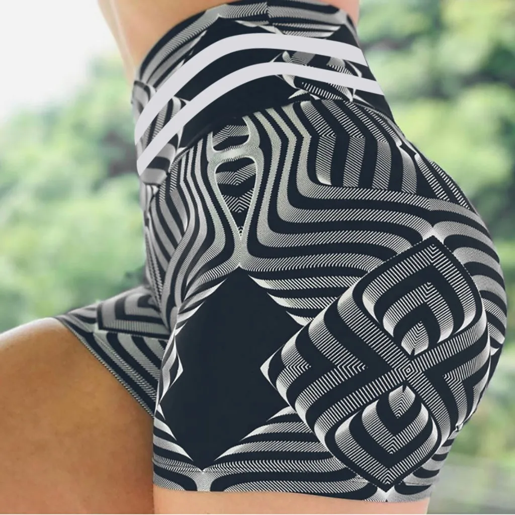 Besiūliai Pilvą Kontrolės Push Up Sporto Šortai Treniruotės Moterų 3D Atspausdintas Greitai-Sausas Liesas Jogos Kelnės Ruožas Aukšto Juosmens Šortai