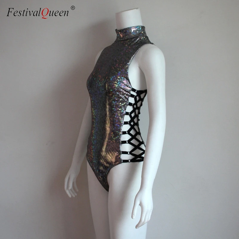 FestivalQueen Moteris Seksuali Juoda Holografinis Bodysuit Rompers 2019 Šalies Muzikos Festivalis Rave Bodycon Nėrinių Bodysuits Lady