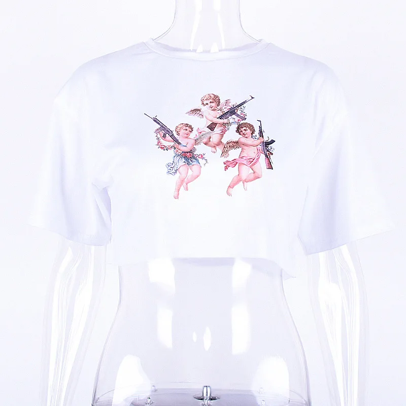 Angel Spausdinti Moterų trumpomis Rankovėmis Atsitiktinis Palaidų T-Shirt Moteris Pasėlių Tee Trumpas Viršūnes 2019 M. Vasarą Marškinėlius Streetwear feminina camiseta