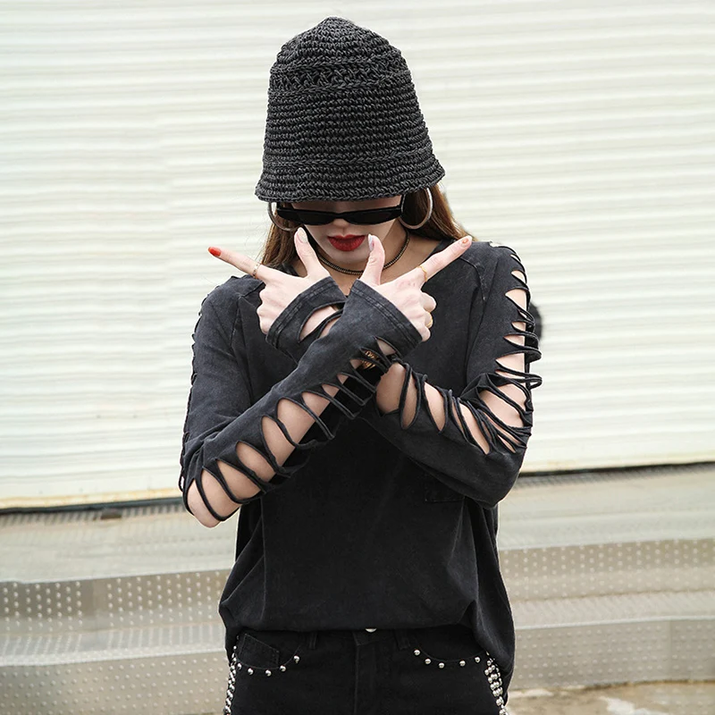 Juodos Spalvos Marškinėliai Moterims Negabaritinių Rudenį 2020 Punk Stiliaus Tuščiaviduriai Iš Ilgomis Rankovėmis Kietas Vintage Plauti Vatos Pagaliukai