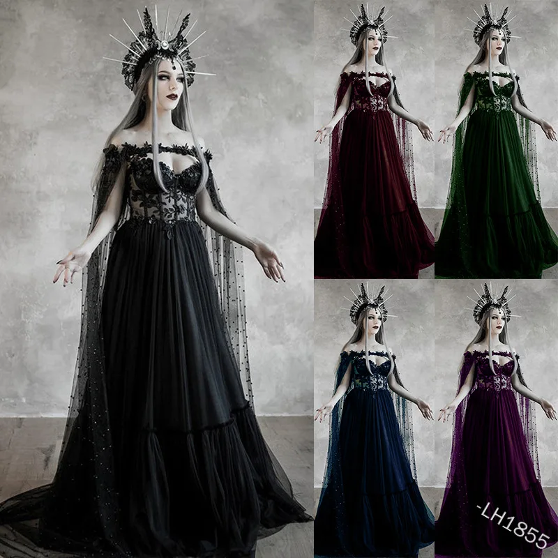 Helovyno Cosplay Kostiumas Moterims, Viduramžių ir Renesanso, Gotikos Ragana Nėrinių Mezgimo Pasakų Suknelė Vampyras Vintage Black Maxi Vestido
