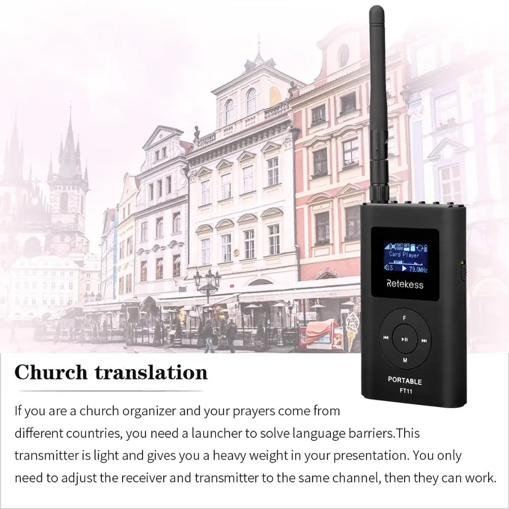RETEKESS FT11 0.3 W Wireless FM Transliacijos Siųstuvas MP3 Nešiojamų Bažnyčios Automobilio Susitikimas Parama TF Kortelę AUX Įėjimas