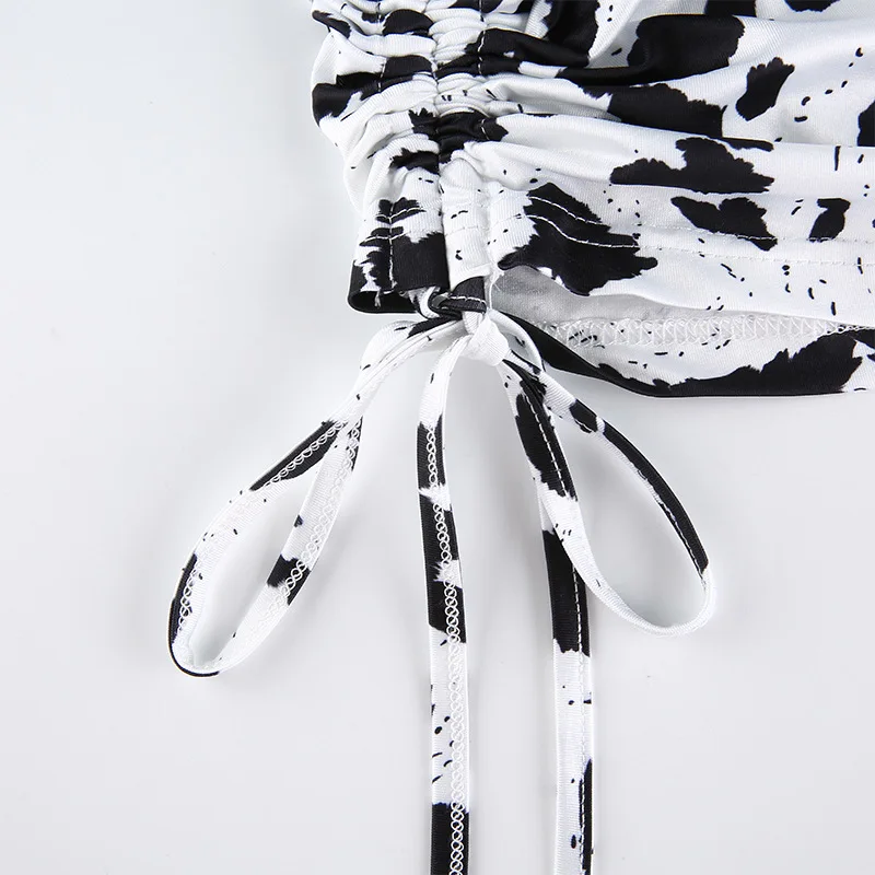 BOOFEENAA Juoda ir Balta, Leopardas spausdinimui Seksualus Bodycon Suknelė Moterų Klubo Dėvėti Pusėje Raišteliu Ruched Rankovių Mini Suknelė C84-BA52