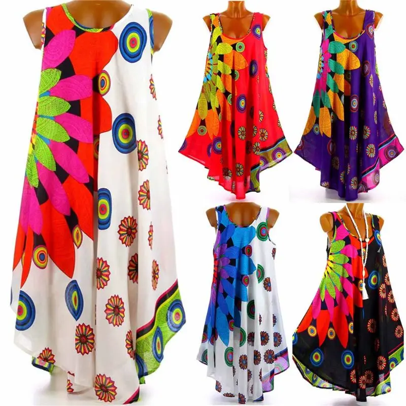 Moterų Prarasti Šifono U Kaklo Suknelė italijos Gėlių Spausdinti Boho Rankovių Sundress Ponios Holiday Beach Suknelė Plius Dydis S-5XL