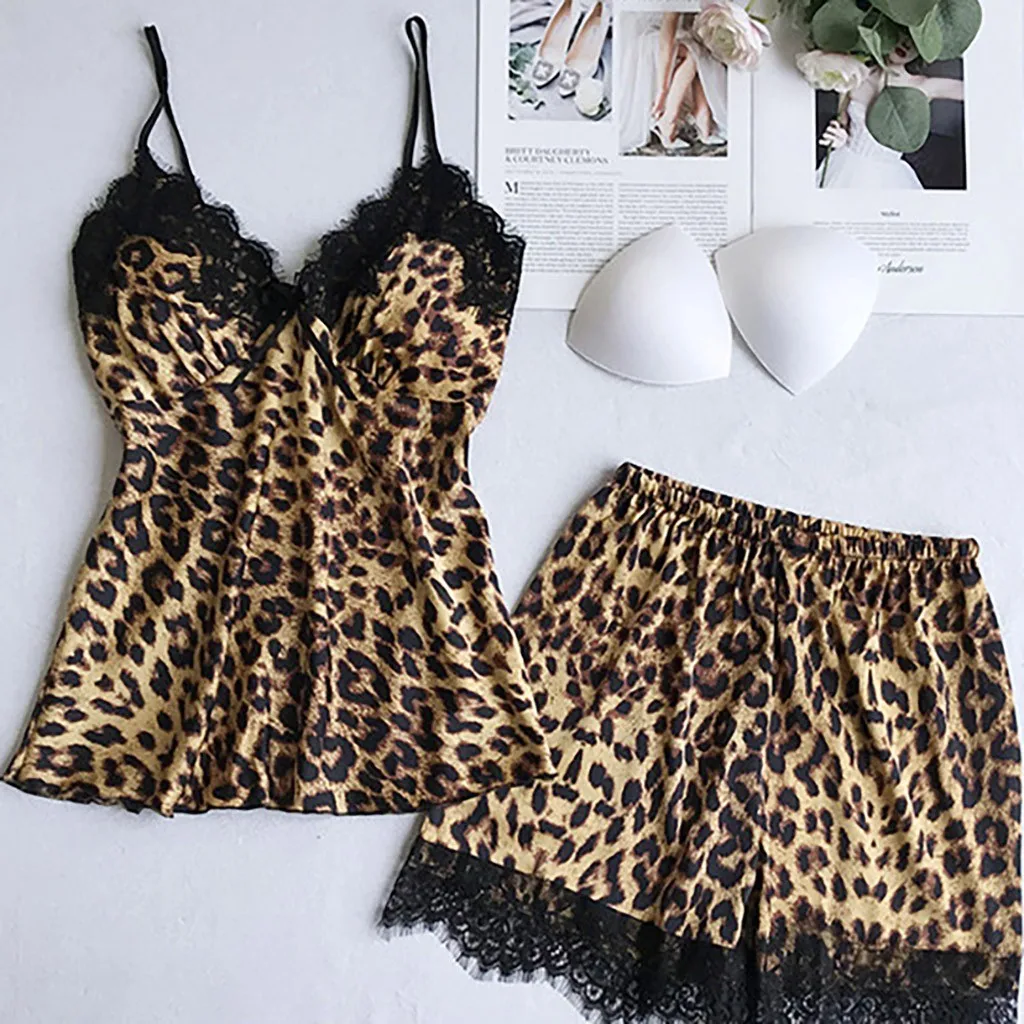 Moterų Pižama Rinkiniai Satino Leopardas Spausdinti Sleepwear Šilko 4 Gabalus, naktiniai drabužiai Pyjama Dirželis Nėrinių Miego Lounge 