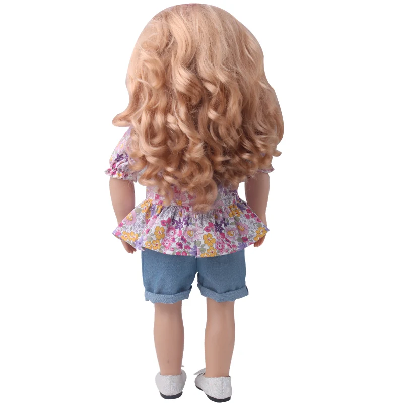 18-colių Mergaičių lėlės drabužiai Aikštėje apykaklės gėlių palaidinė + džinsinis trumpas tinka 40-43 cm Berniuko, lėlės American doll suknelė žaislai c907