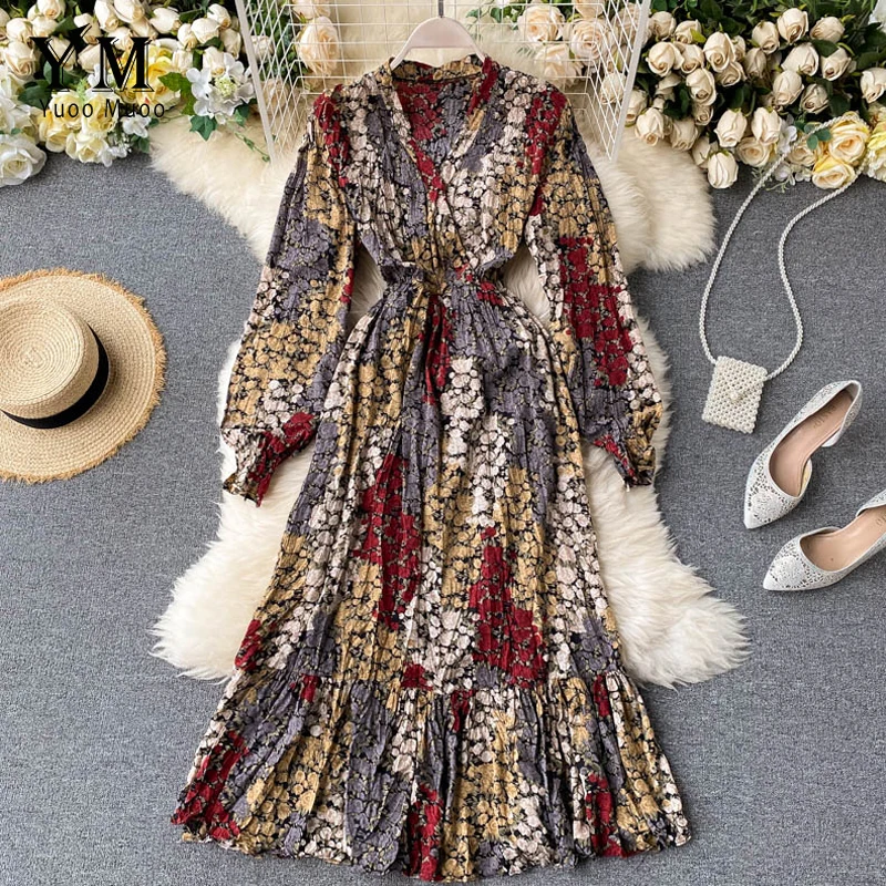 YuooMuoo 2020 firminio Stiliaus Vintage Suknelė Rudenį Moterims Gėlių Spausdinti Ilga Suknelė Elegantiškas V-kaklo, Plisuotos Maxi Šalis Suknelė Vestidos