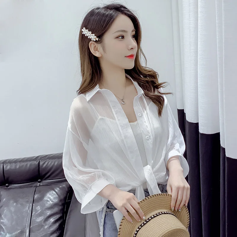 Korėjos Šifono Marškinėliai Moterims 2020 Metų Vasaros Pusė Rankovėmis Susegamas Iki Marškinėliai Ilgomis Rankovėmis Palaidinė Susieta Juosmens Elegantiškas Moterims Palaidinės 9494