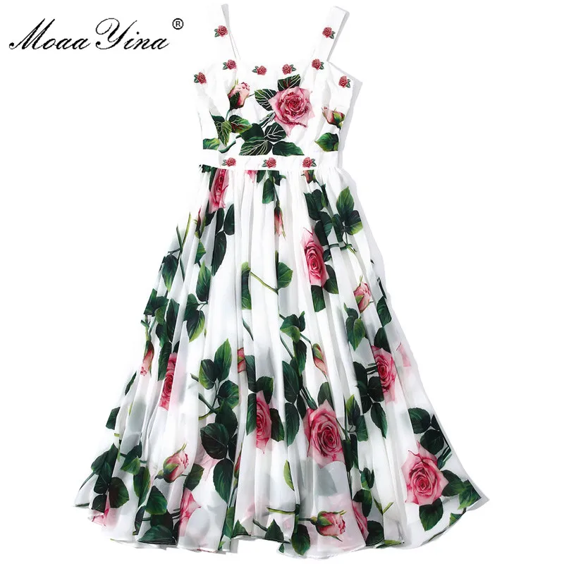 MoaaYina Mados Dizaineris suknelė Vasaros Moterų Suknelė Zawalcowany Siuvinėjimo Išaugo Floral-Print Medvilnės Kratinys Šifono Suknelės